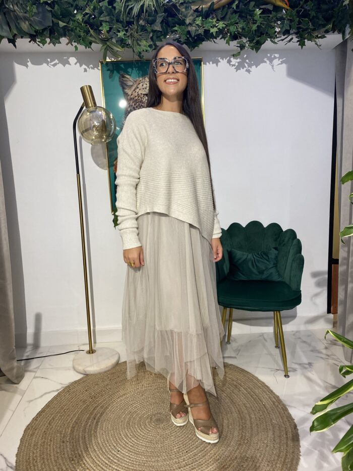 Vestido combi tul jersey asimétrico