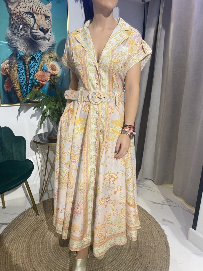 Vestido camisero rosa estampado cinturón - Imagen 3