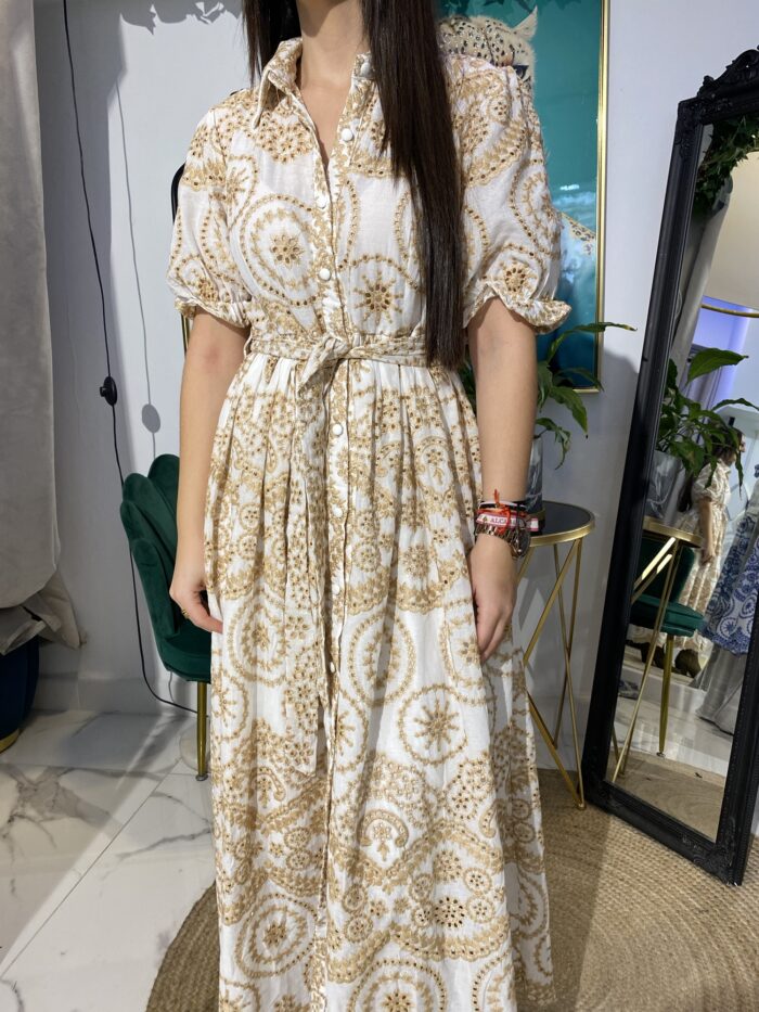 Vestido camisero calado bordados azul y blanco - Imagen 6