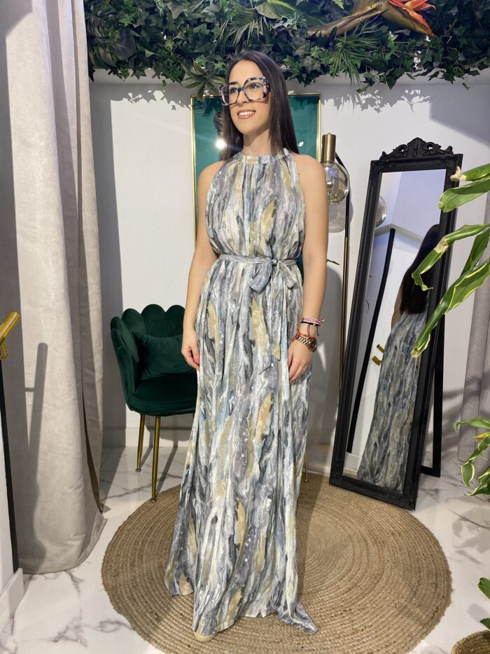 Vestido largo cuello halter efecto mármol