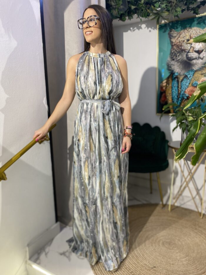 Vestido largo cuello halter efecto mármol - Imagen 2