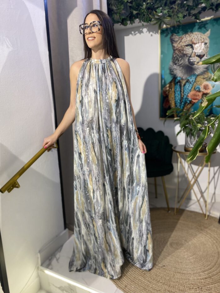 Vestido largo cuello halter efecto mármol - Imagen 4