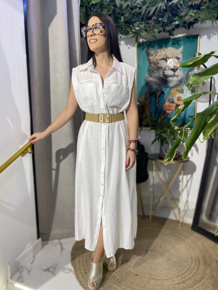 Vestido desmangado camisero bolsillos delanteros