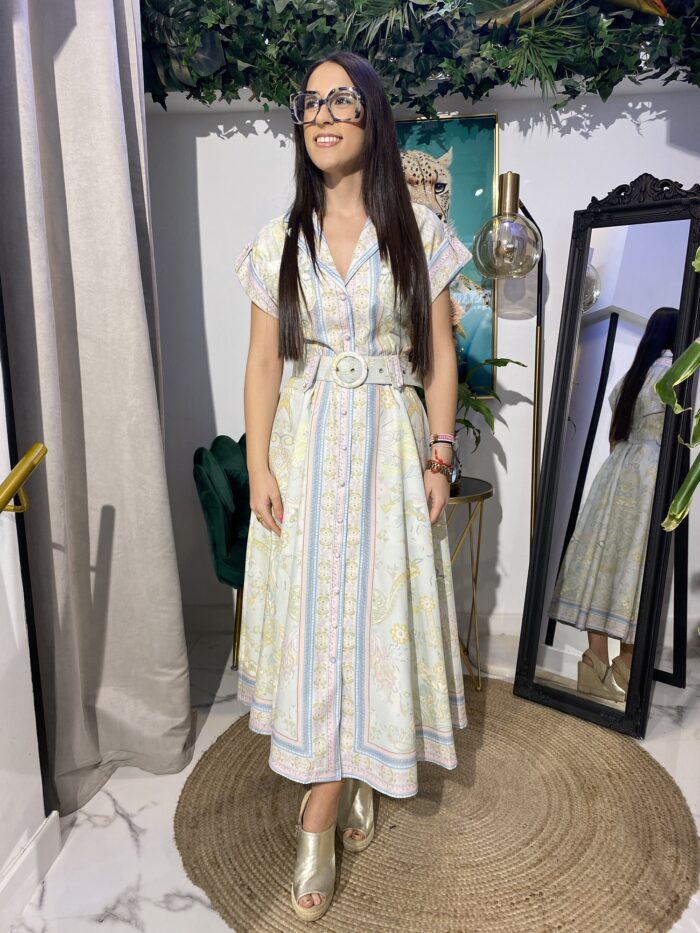Vestido camisero verde agua estampado cinturón - Imagen 2