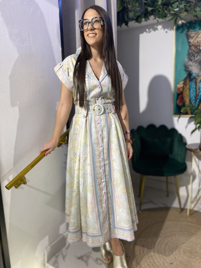Vestido camisero verde agua estampado cinturón