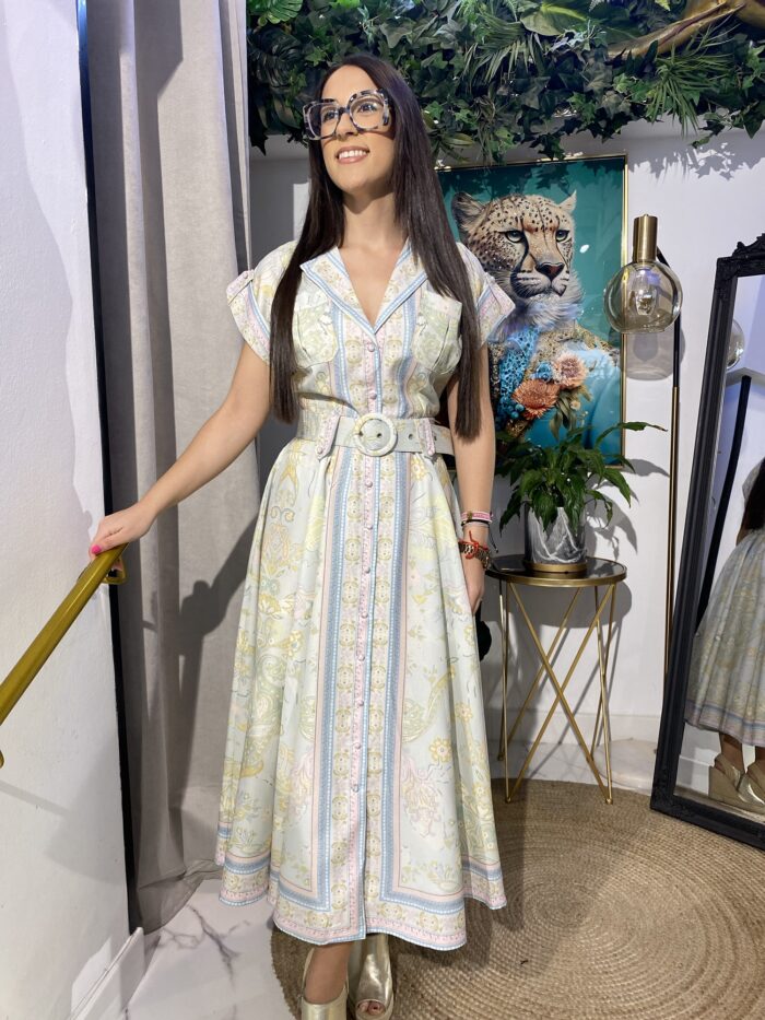 Vestido camisero verde agua estampado cinturón - Imagen 4