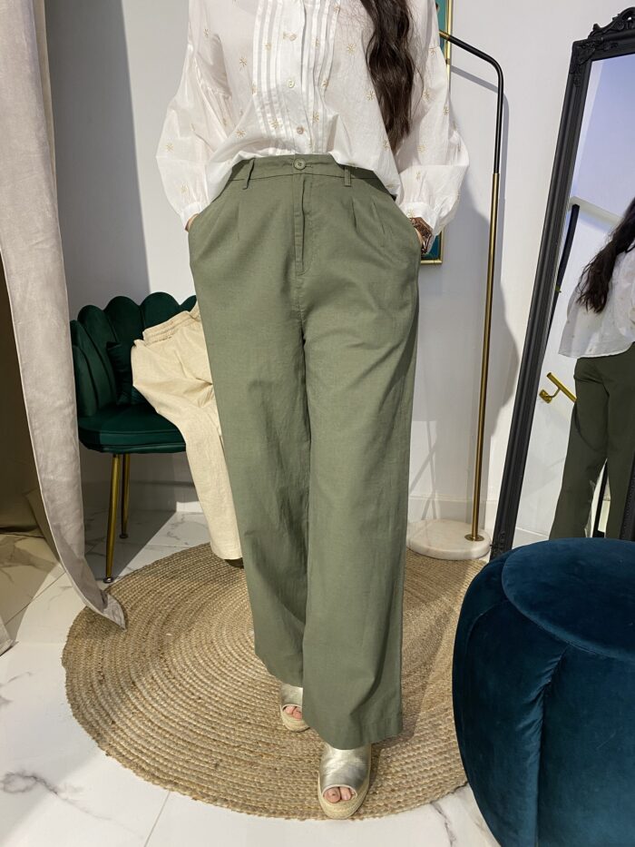 Pantalón lino botón goma trasera