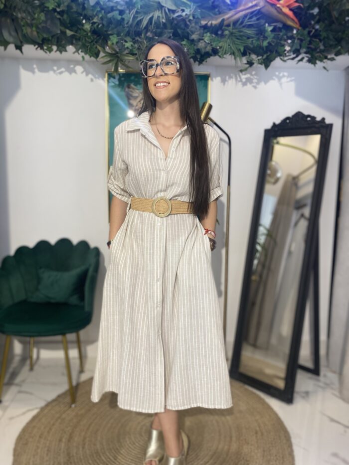 Vestido camisero rallas cinturón rafia