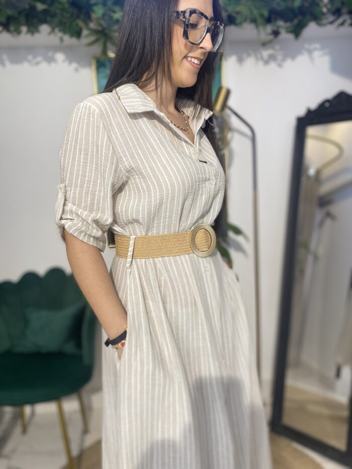 Vestido camisero rallas cinturón rafia - Imagen 2