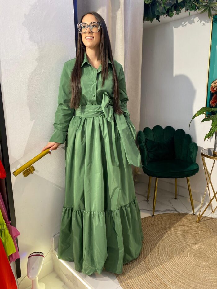 Vestido camisero tafetán bajo volante largo - Imagen 7