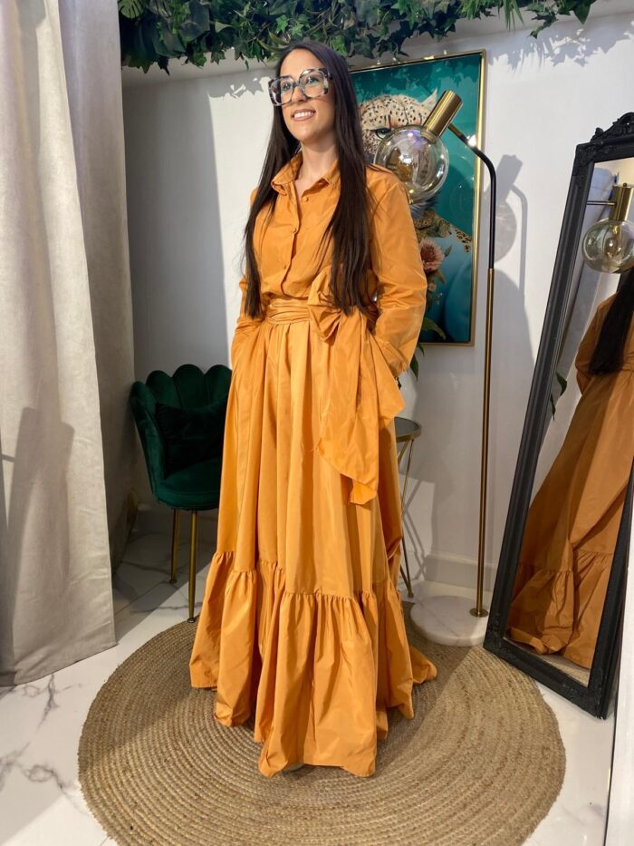 Vestido camisero tafetán bajo volante largo - Imagen 9