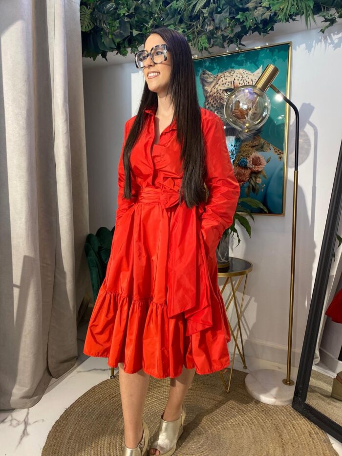 Vestido camisero tafetán bajo volante corto - Imagen 2