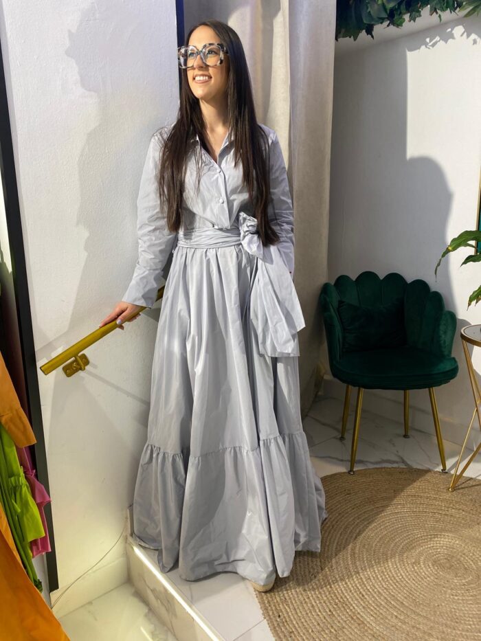 Vestido camisero tafetán bajo volante largo - Imagen 13