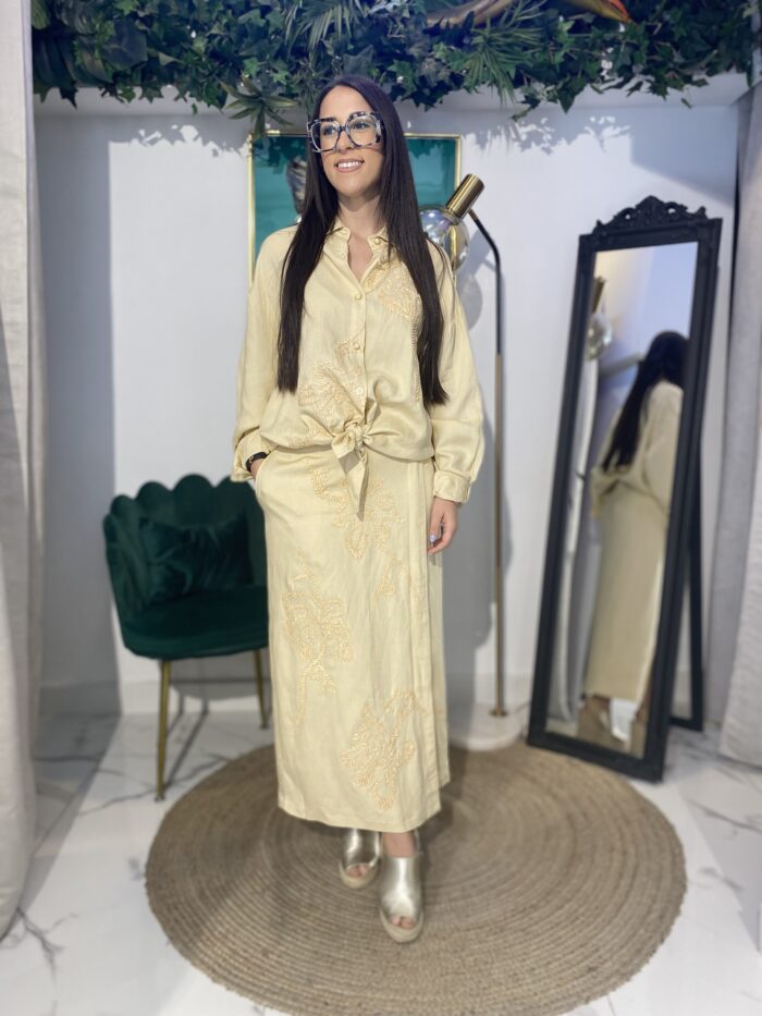 Conjunto falda midi bordado rafia beige - Imagen 2