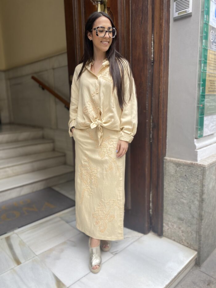 Conjunto falda midi bordado rafia beige - Imagen 4