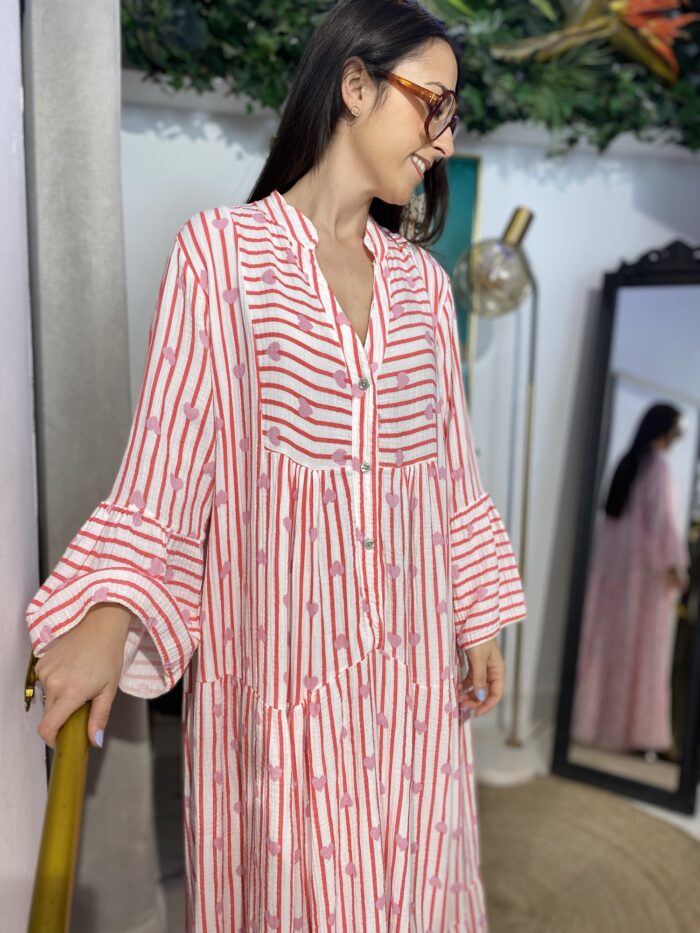 Vestido largo corazones cuello mao cotton manga farol - Imagen 3