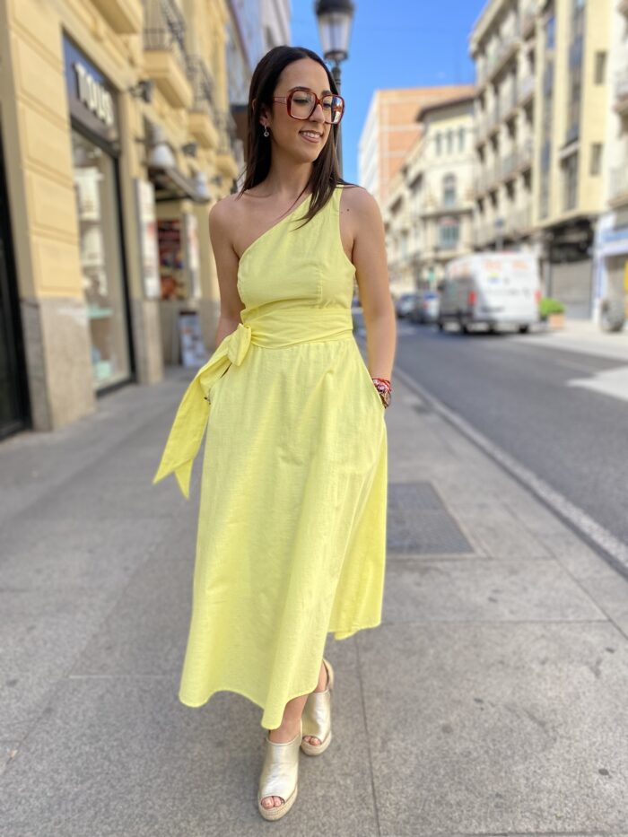 Vestido lino midi bolsillos