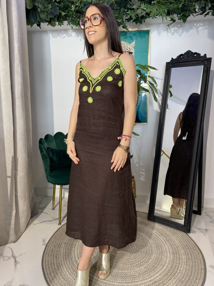 Vestido lino bordado fluor