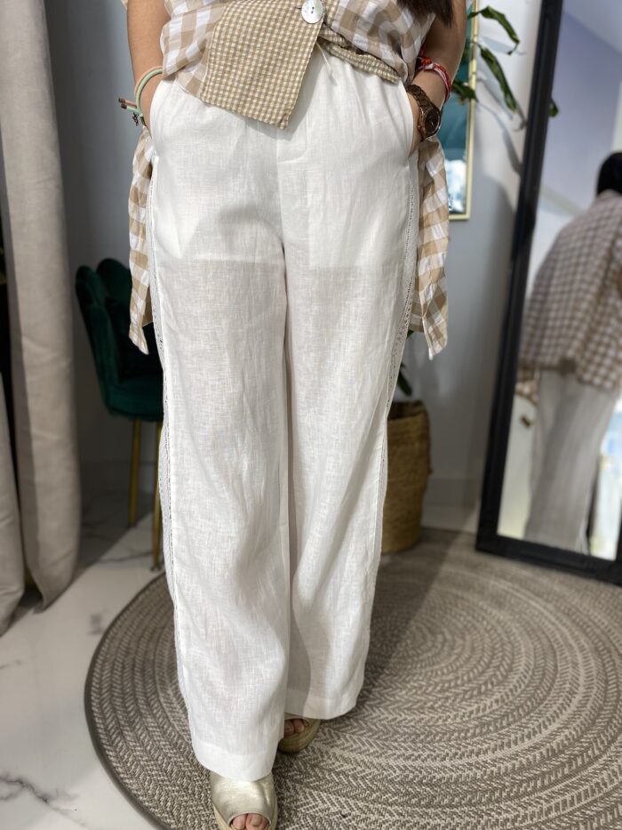 Pantalón lino bordado lateral