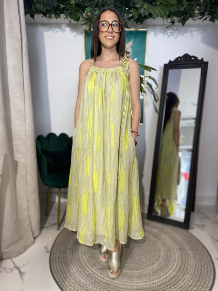 Vestido lino tirante estampado fluor